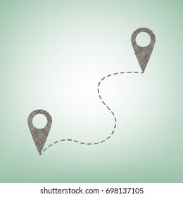 Location pin navigation map, gps sign. Vector. Brown flax icon on green background with light spot at the center.