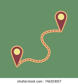 Location pin navigation map, gps sign. Vector. Cordovan icon and mellow apricot halo with light khaki filled space at russian green background.