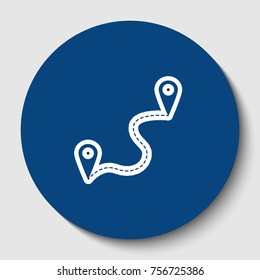 Location pin navigation map, gps sign. Vector. White contour icon in dark cerulean circle at white background. Isolated.