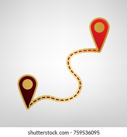 Location pin navigation map, gps sign. Vector. Red icon on gold sticker at light gray background.