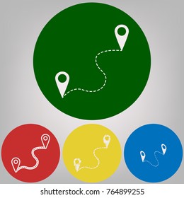 Location pin navigation map, gps sign. Vector. 4 white styles of icon at 4 colored circles on light gray background.