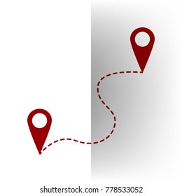 Location pin navigation map, gps sign. Vector. Bordo icon on white bending paper background.