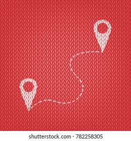 Location pin navigation map, gps sign. Vector. Knitted white icon on a red knitted background.