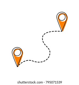 Location pin navigation map, gps sign. Vector. Black line icon with shifted flat orange filled icon on white background. Isolated.