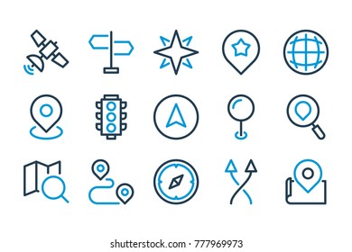 Location pin and Navigation marker related line icons. GPS and Direction vector illustration.