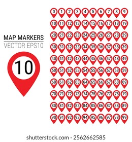 Location pin with numbers icon set. Red map markers with numbers from 0 to 99