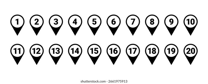 location pin with numbers, set of black vector icons