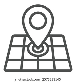 Location pin on geo map line icon, delivery service concept. Vector graphics. Grid map with position pointer sign on white background, outline style icon for mobile or web design