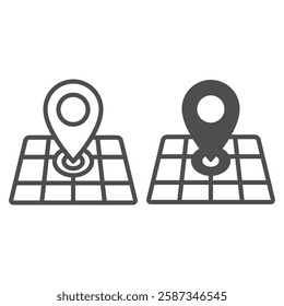 Location pin on geo map line and solid icon, delivery service concept. Vector graphics. Grid map with position pointer sign on white background, outline style icon for mobile or web design