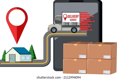 Location pin on a house with delivery truck illustration
