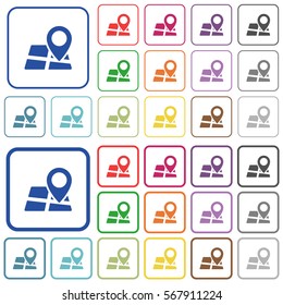 Location pin on map color flat icons in rounded square frames. Thin and thick versions included.