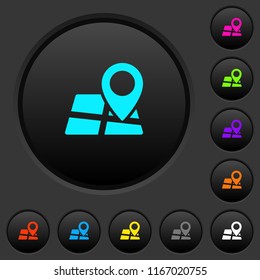 Location pin on map dark push buttons with vivid color icons on dark grey background