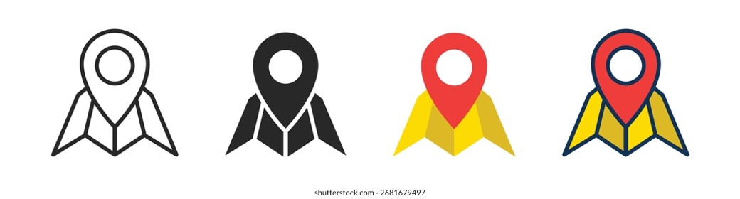 Location pin on map icon representing maps, navigation, travel, directions, GPS, and location services in four variations
