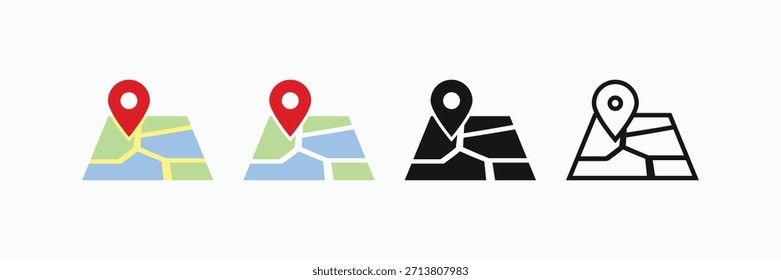 Pino de localização no conjunto de ícones do mapa, mostrando a segmentação de terra. Marcador de navegação GPS colorido, silhueta preta e estilos de contorno. Perfeito para design de geografia, viagens e logística