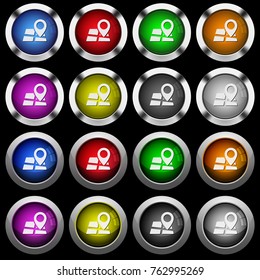 Location pin on map white icons in round glossy buttons with steel frames on black background. The buttons are in two different styles and eight colors.