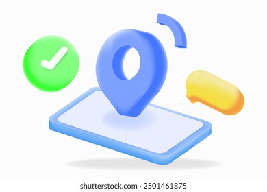 A location pin on a mobile device screen with a checkmark and bubble chat, representing location services, GPS navigation, and  solutions. 3d illustration