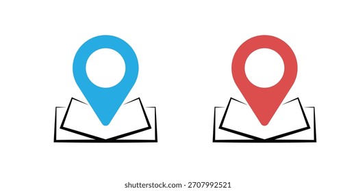 Pin de Locación en el juego de Vectores Open Map Icon. Símbolo de puntero de geoetiqueta azul y rojo para navegación, Educación y viajes.