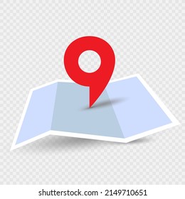 Location pin on paper map icon with shadow on transparent background. Locations red navigation pins. Maps route marker geolocation sign symbol