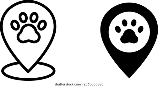 "Location Pin with Paw Line Icons: Pet-Friendly Vector Set for Navigation and Animal Designs"