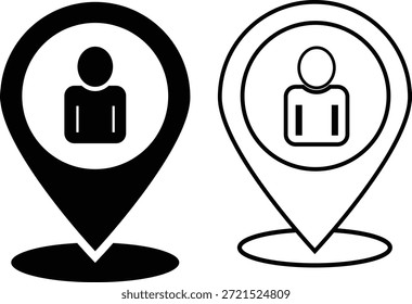 Locación pin con icono de persona. Símbolos de posición del usuario. Puntero de mapa con Diseño gráfico de avatar. Iconos de Locación actuales. Hombre dentro del símbolo del pin del mapa
