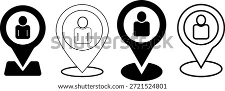 Location pin with person icon. User position symbols. Map pointer with avatar graphic design. Current Location Icons. Man inside map pin symbol
