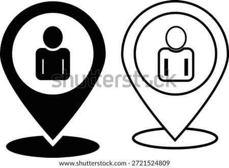 Location pin with person icon. User position symbols. Map pointer with avatar graphic design. Current Location Icons. Man inside map pin symbol
