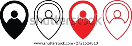 Location pin with person icon. User position symbols. Map pointer with avatar graphic design. Current Location Icons. Man inside map pin symbol
