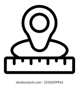 Location pin placed on ruler, symbolizing distance measurement, scale, or precise location marking