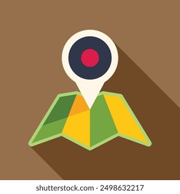 Location pin point icon is marking a place on folded paper map with brown background
