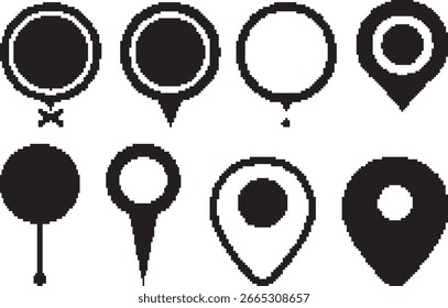 Location Pin point in pixel art style. GPS, navigation, labels. Isolated on white background.