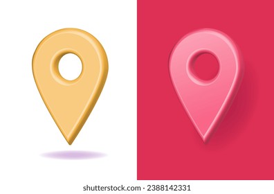 Location pin pointer 3d icon set vector graphic red yellow, gps place map parker render geo tag symbol illustration, cartoon destination geotag isolated image on white background, position element