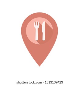 Location pin pointer with knife and fork vector icon. Location marker for restaurant with long shadow effect.