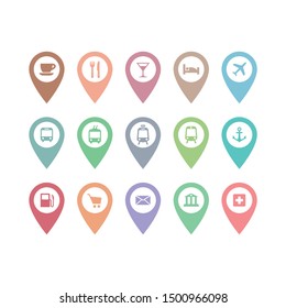 Location pin pointer vector set with cafe, restaurant, hotel, bus sign. Location pin markers with airport, train station, bank, hospital signs for map. 