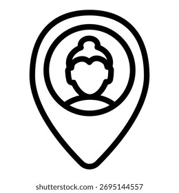 Puntero de pin de Locación con icono de línea de mujer, concepto de análisis de Osint. Gráficos de Vector. Especialista en SEO, letrero de consultor sobre fondo blanco, icono de estilo de contorno para móvil o Diseño web