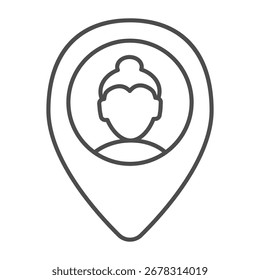 Location pin pointer with woman thin line icon, osint analytics concept. Vector graphics. SEO specialist, consultant sign on white background, outline style icon for mobile or web design
