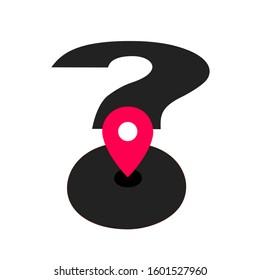Location pin and question mark - disorientated navigation is lost and unable to navigate and locate position, spot and place. Vector illustration isolated on white.