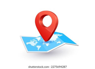 Location pin red or Positioning pins on world map paper blue for making advertising media about tourism. Isolated on white background. Design 3D vector EPS10 illustration.