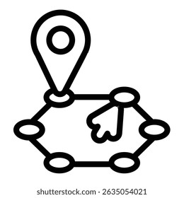 Location pin and route with mouse cursor line icon, navigation concept. Vector graphics. Position marker and round map sign on white background, style mobile or design