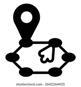 Location pin and route with mouse cursor solid icon, navigation concept. Vector graphics. Position marker and round map sign on white background, style mobile or design