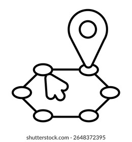 Location pin and route with mouse cursor thin line icon, navigation concept. Vector graphics. Position marker and round map sign on white background, style mobile or design