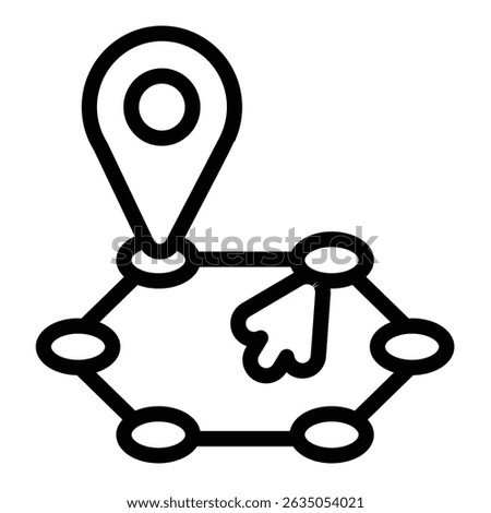 Location pin and route with mouse cursor line icon, navigation concept. Vector graphics. Position marker and round map sign on white background, style mobile or design