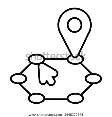 Location pin and route with mouse cursor thin line icon, navigation concept. Vector graphics. Position marker and round map sign on white background, style mobile or design