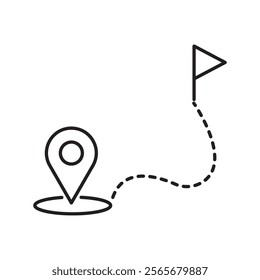 Location pin and route thin line icon. Flag and map pointer marker outline. Route icon between two points with dotted path and location pin.  Location map path distance,