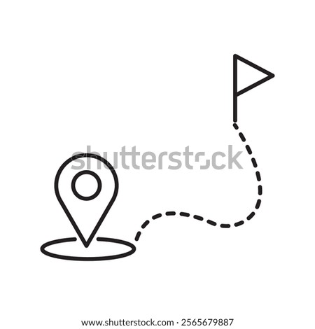 Location pin and route thin line icon. Flag and map pointer marker outline. Route icon between two points with dotted path and location pin.  Location map path distance,