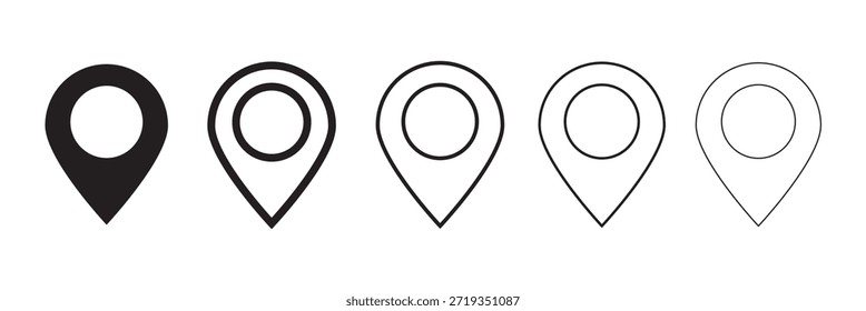 Conjunto de pines de Locación, conjunto de iconos de ubicación en negro. icono de estilo lineal. ubicación geográfica específica con fondo blanco. Ancho de trazo editable.