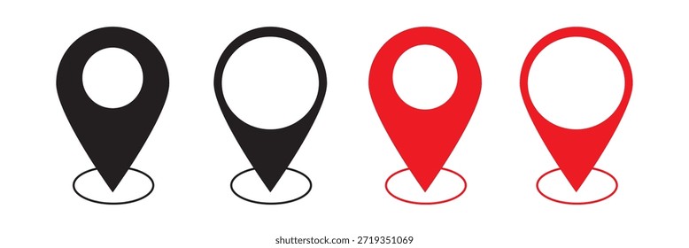Conjunto de pines de Locación, conjunto de iconos de ubicación en negro y rojo. icono de estilo lineal. ubicación geográfica específica con fondo blanco. Ancho de trazo editable.