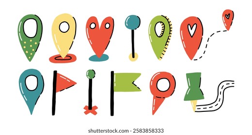 Location Pin Set Color Flat. Doodle Pint Local Navigation Sign Icon Collection. Cartoon Vector Clipart