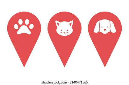 Location pin set. Pins indicating the location of a veterinary clinic, pet store, animal care center. Badges depicting cat and dog faces, paw prints. Vector illustration in flat style