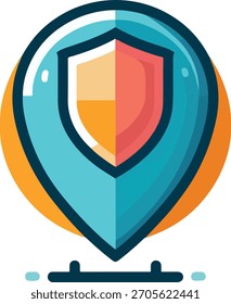 Un pin de ubicación con un icono de escudo en el interior, que simboliza la seguridad o la protección.