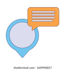 Standortnadel mit Sprachblase-Symbol auf weißem Hintergrund, Vektorillustration